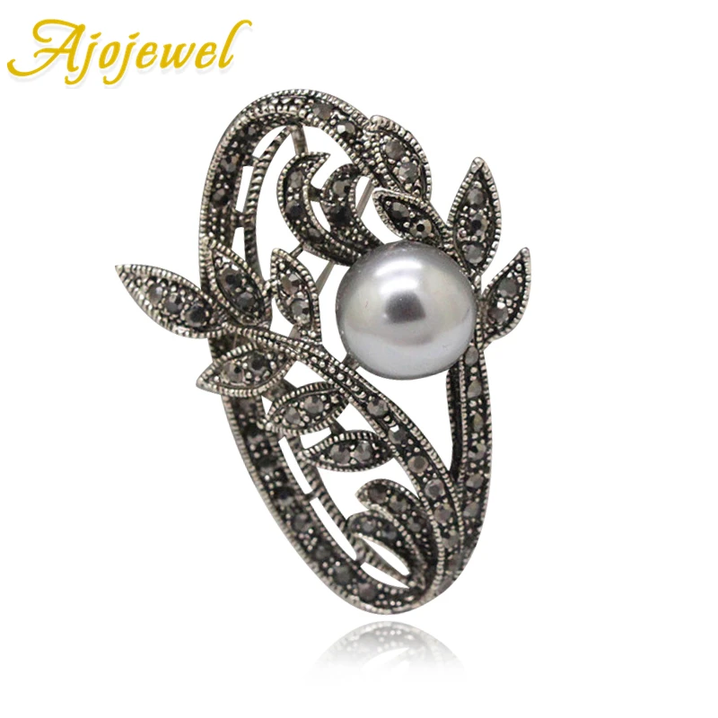 Ajojewel, черные стразы, серые Броши с искусственным жемчугом для женщин, новинка, винтажный стиль, ювелирные изделия, аксессуары, подарки