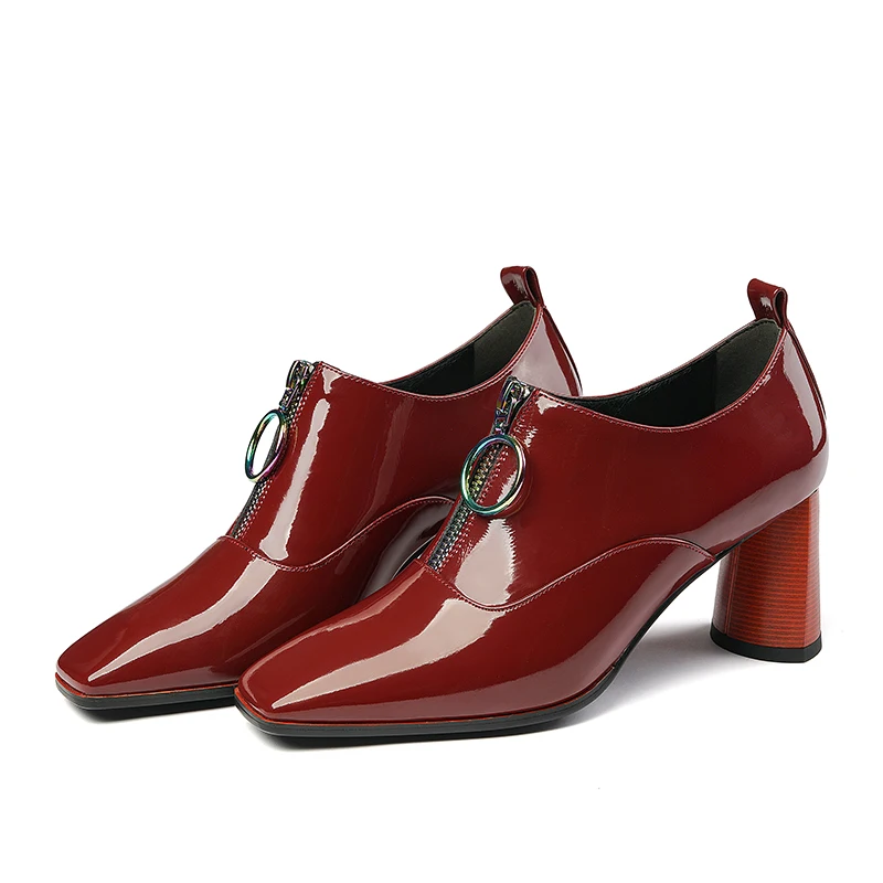 ISNOM High Heels Thick Pumps Women Patent Leather Pumps Colorful Zip Shoes Female Square Toe Party Shoes Autumn New Black