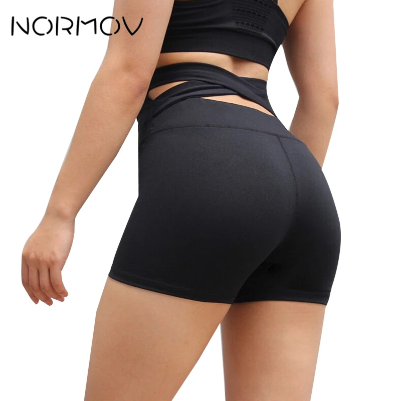 

NORMOV Solid Black High Waist Yoga Shorts For Sports Women Fitness Clothing Breathable Running Back Cross Denim Shorts Female