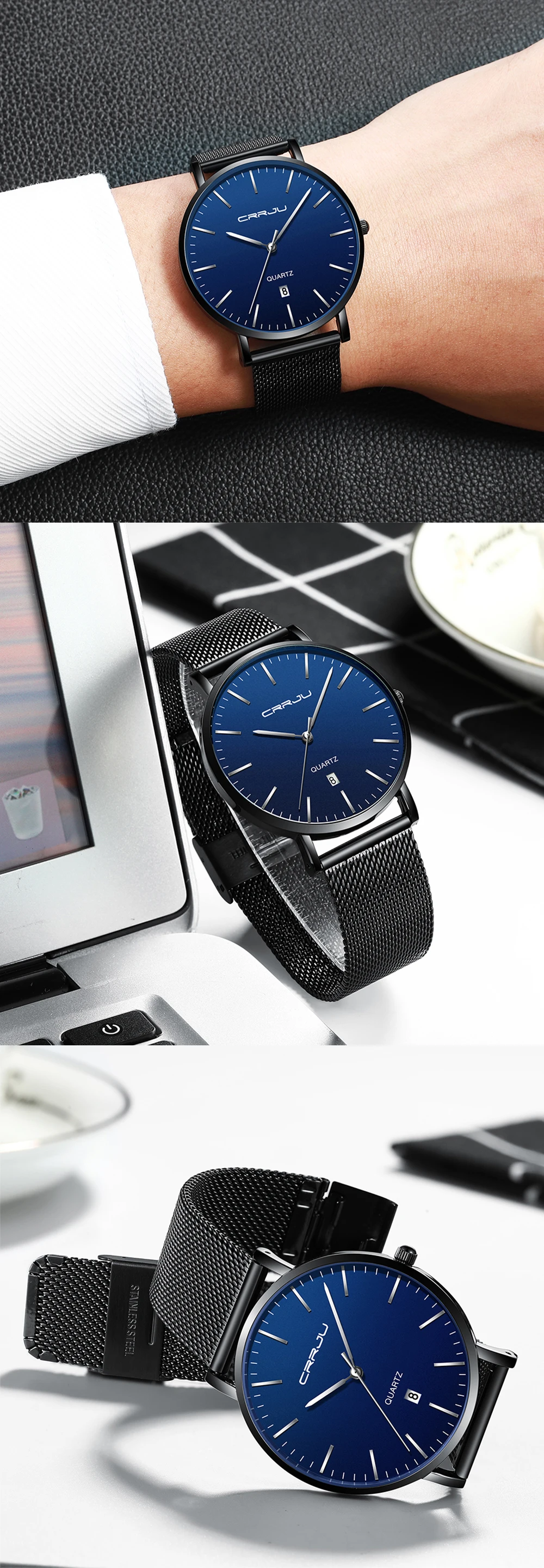 Relogio Masculino CRRJU модные мужские часы Топ Роскошные Синие водонепроницаемые часы ультратонкие повседневные кварцевые часы мужские спортивные часы