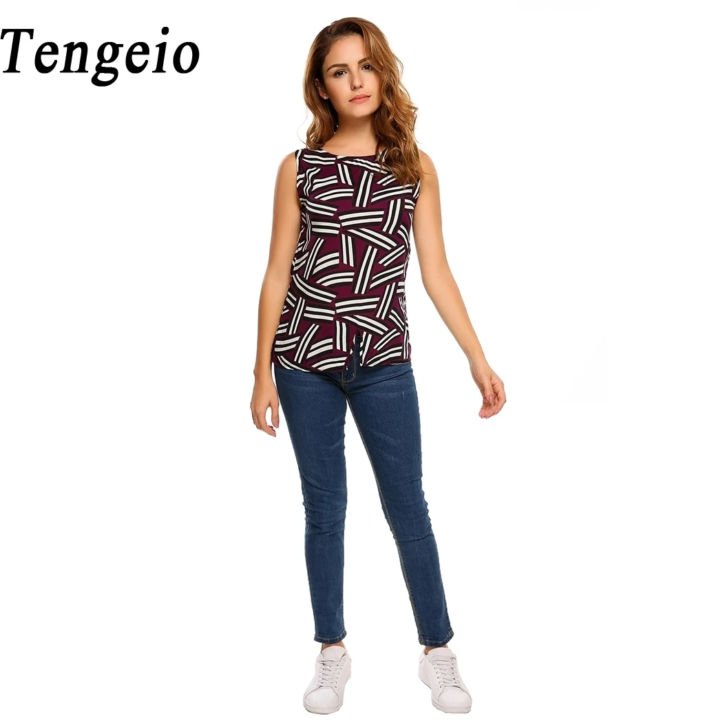 Tengeio Летняя блузка геометрический модные женские блузки 2018 дамы без рукавов для
