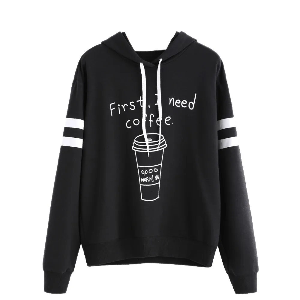 Feitong/Женская толстовка с капюшоном в полоску с надписью «first i need coffee», пуловер с капюшоном, черная одежда для девочек
