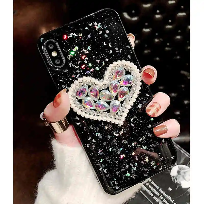 Crystal Rhinestone Heart Phone Case for iPhone XS Max XR X Fashion Designer For iphone 7 8 6s 6 + Bling Star Silicone Soft | Мобильные