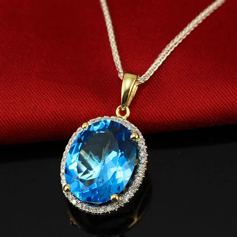 Natural Blue Topaz Pendants In18K Yellow Gold Diamonds Pendant Oval 12x15mm For Women E0003 | Украшения и аксессуары