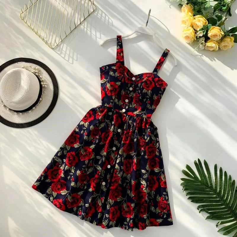 blue-red floral Neploe Boho, женское платье с цветочным принтом, летнее, на тонких бретелях, с v-образным вырезом, Vestidos, модное ретро пляжное платье для вечеринки, 45338 - Цвет: blue-red floral