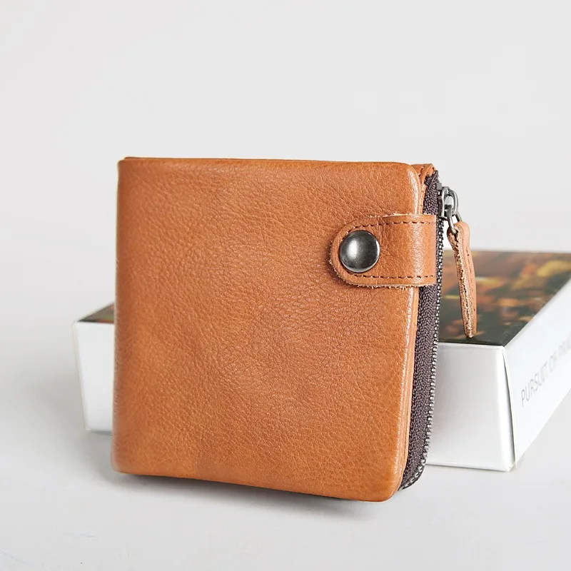 Brown Horizontal Кошелек из натуральной кожи для мужчин, мужские винтажные Роскошные Короткие Двойные кошельки из воловьей кожи, кошелек, держатель для карт с карманом для монет на молнии - Цвет: Brown Horizontal