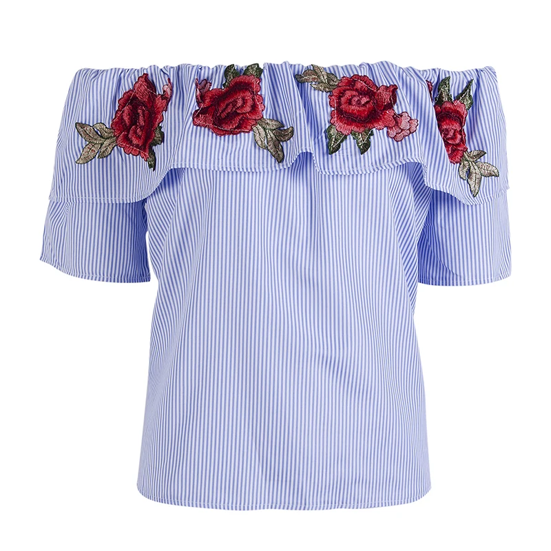 Женская темно синяя рубашка в Вертикальную Полоску с открытыми плечами и