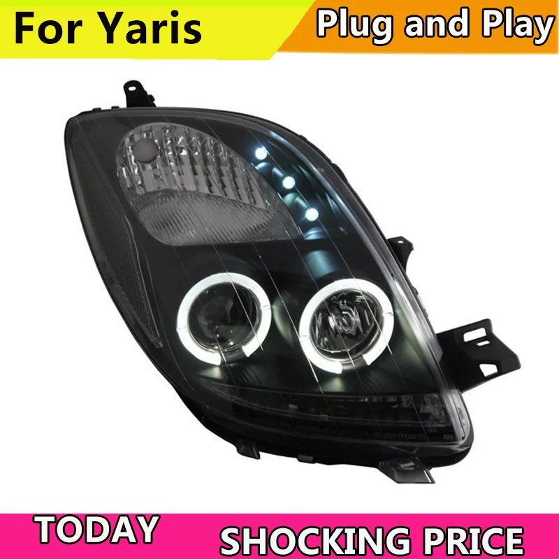 

doxa Car headlight For Toyota Yaris LED Angel Eyes head Lamp 2005-2012 year Black Color yaris headlights Front