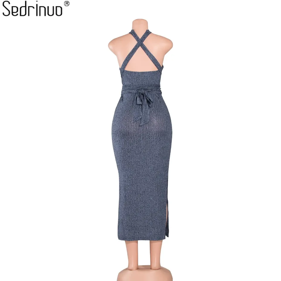 Платье Sedrinuo с лямкой на шее открытой спиной перекрестной завязкой разрезом