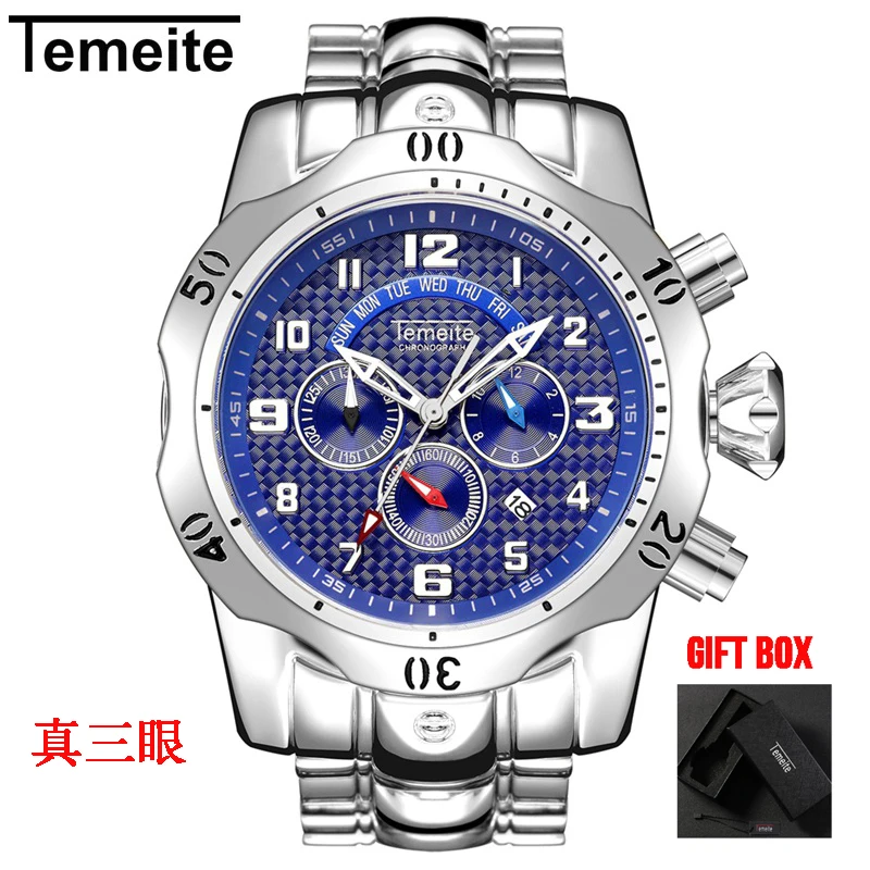 Temeite 12 with box Мужские часы Temeite Топ бренд класса люкс дизайн золотые кварцевые часы мужские спортивные водонепроницаемые мужские наручные часы Relogio Dourado Masculino - Цвет: Temeite 12 with box