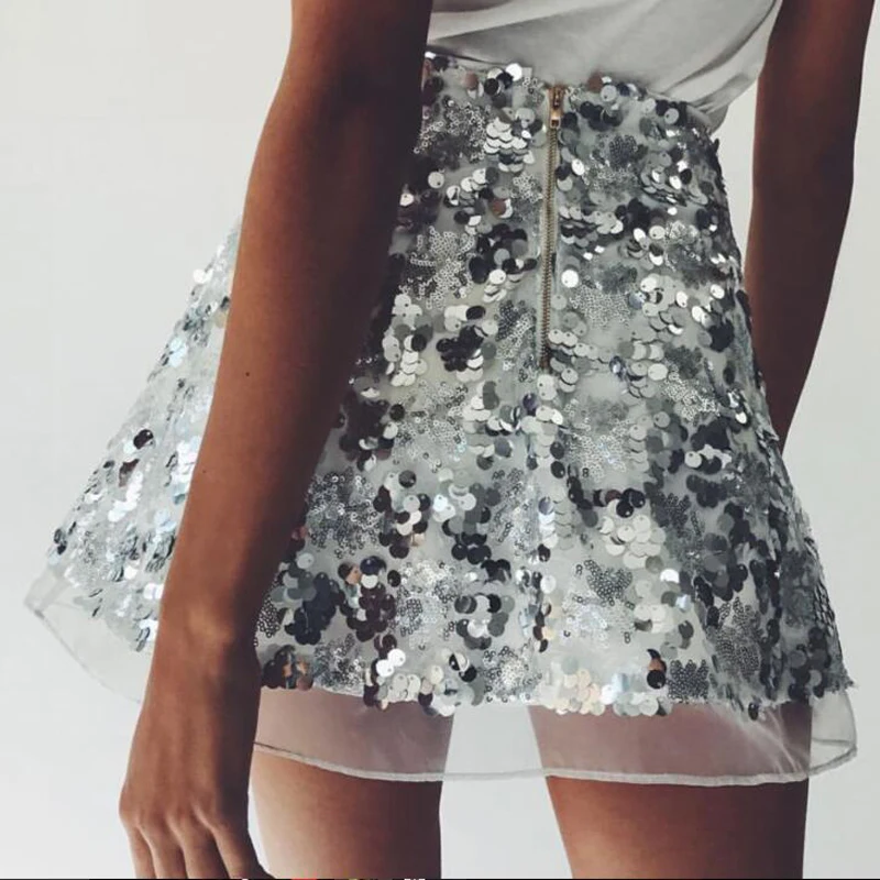 Женская сетчатая мини юбка с золотыми блестками повседневная короткая на молнии