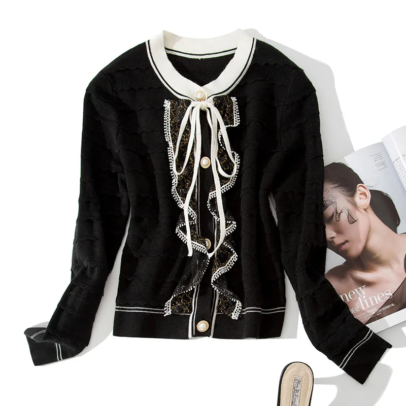 

Tops Fashion New Sweater Cardigans 2018 Autumn Winter Women Lurex Golden Yarn Ruffles Beading Single Breasted Coat Wool Sweaters