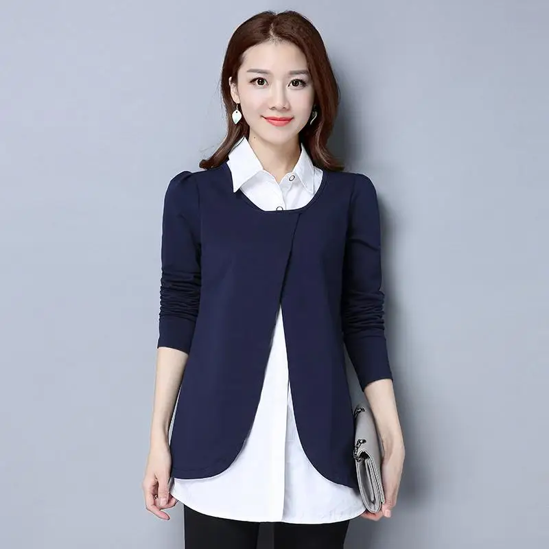 navy M-4xl, хлопковые женские блузы, имитация двух частей, Длинная блузка, рубашка размера плюс, осенняя, офисная, элегантная, повседневная, женский топ, темно-синий, черный - Цвет: navy