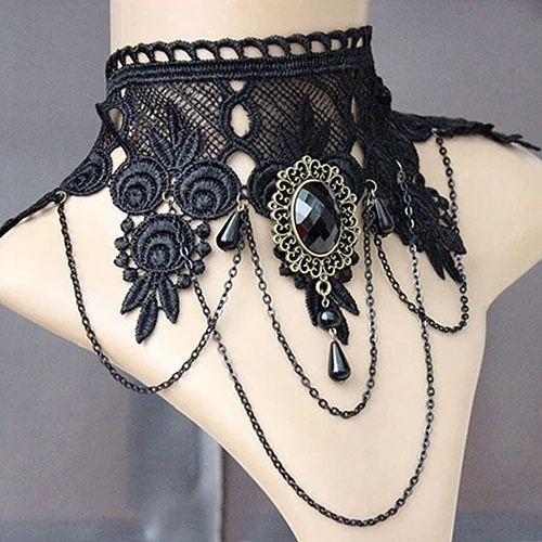 Women Vintage Gothic Black Rhinestone Lace Layered Chain Collar Necklace Choker | Украшения и аксессуары