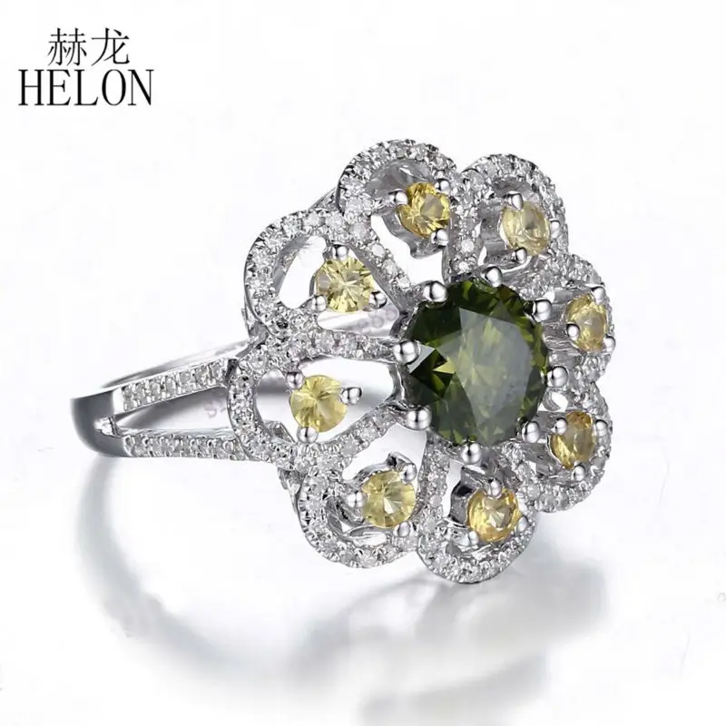 HELON 2.02ct КРУГЛЫЙ 6,5 мм Хром Диопсид& 2,5 мм цитрин проложить бриллианты цветок Элегантное Кольцо Твердые 14 к белые модные золотые ювелирные изделия