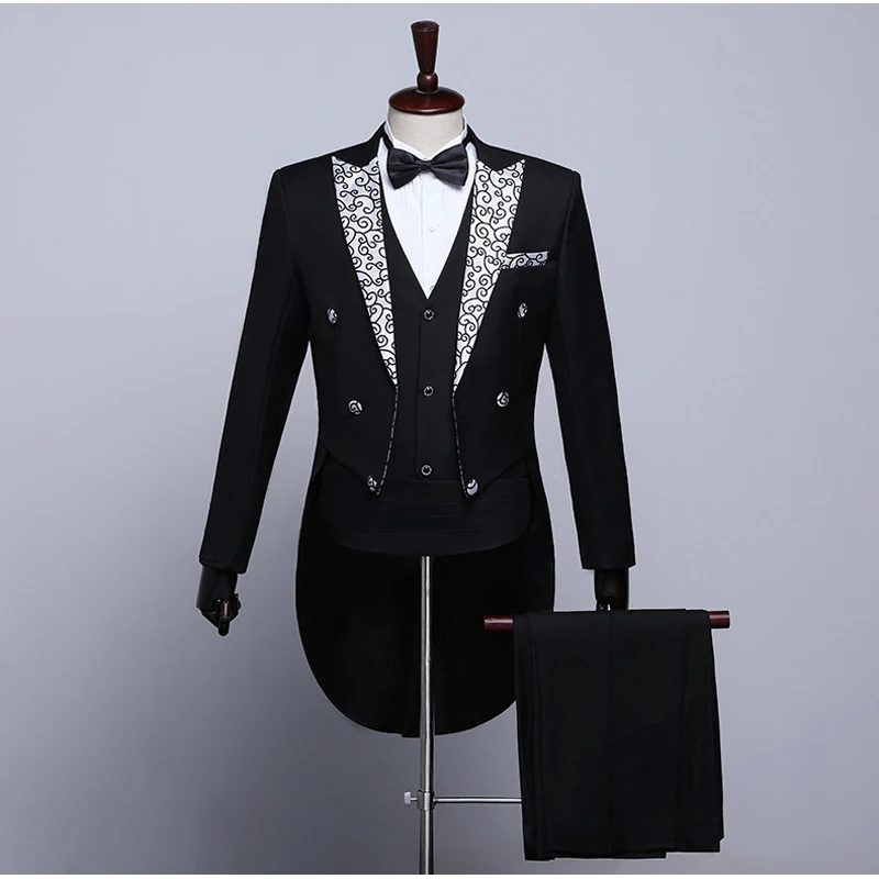 Shenrun Men Fashion Tailcoats Slim Fit Tuxedos Pattern Peak Lapel Wedding Grooms Party Prom Stage Costumes Singers Skinny Suits
