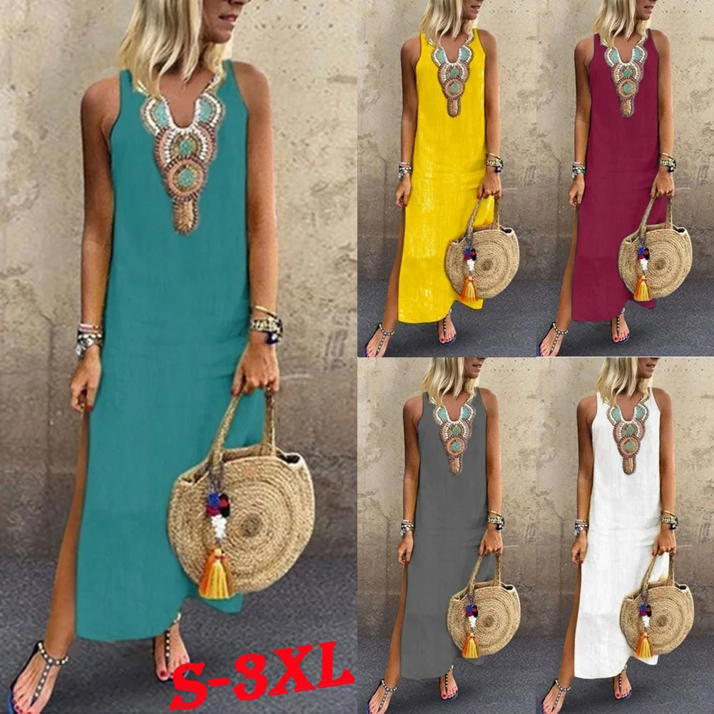 Длинное платье без рукавов в стиле бохо летнее повседневное однотонное Пляжное