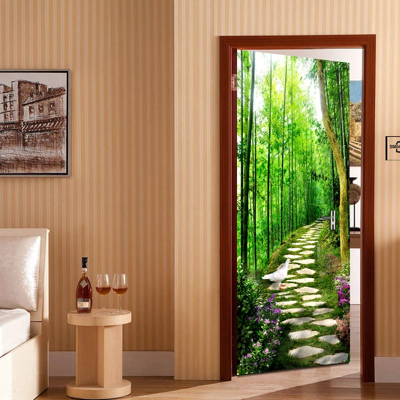 Бамбуковый лес маленькая дорога 3D DIY роспись Спальня дверь наклейки настенные
