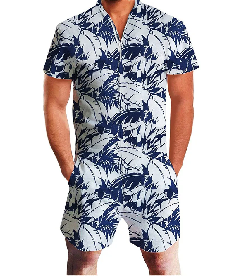 Men 3D Graphic One Piece Romper Men Casual Zipper Short Sleeve Summer Jumpsuit With Pocket Leopard Print Summer Beach Set