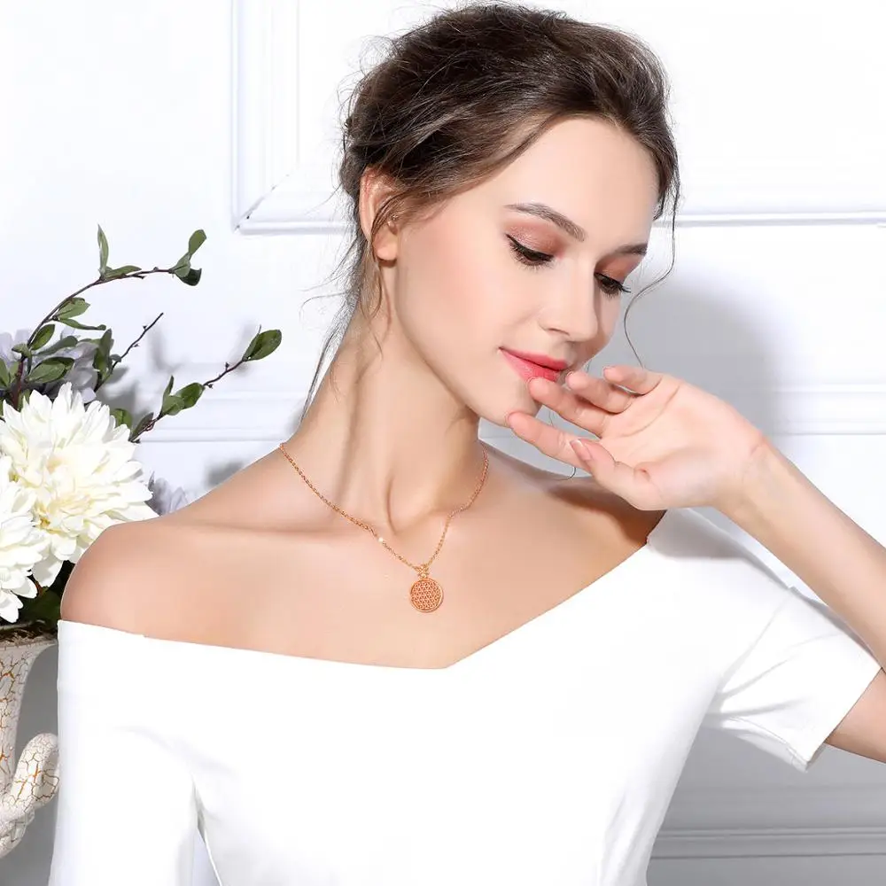 

EUDORA 925 Sterling Silver Flower of life Necklace sacred circles big round sterling silver pendant geometrical necklaces CYD419