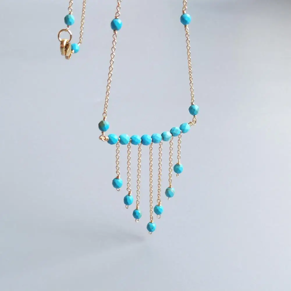 LII Ji краска голубой бирюзовый цепочка из цельного золота колье Tassel Pendant Изящные ожередье подвеска ручной работы