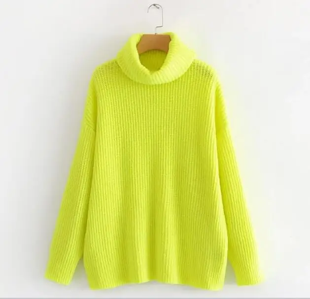 Stylish Striped Line Fluorescent Green Pullover Sweater Women Turtleneck Long sleeve Loose Knitwear Jumper Tops | Женская одежда