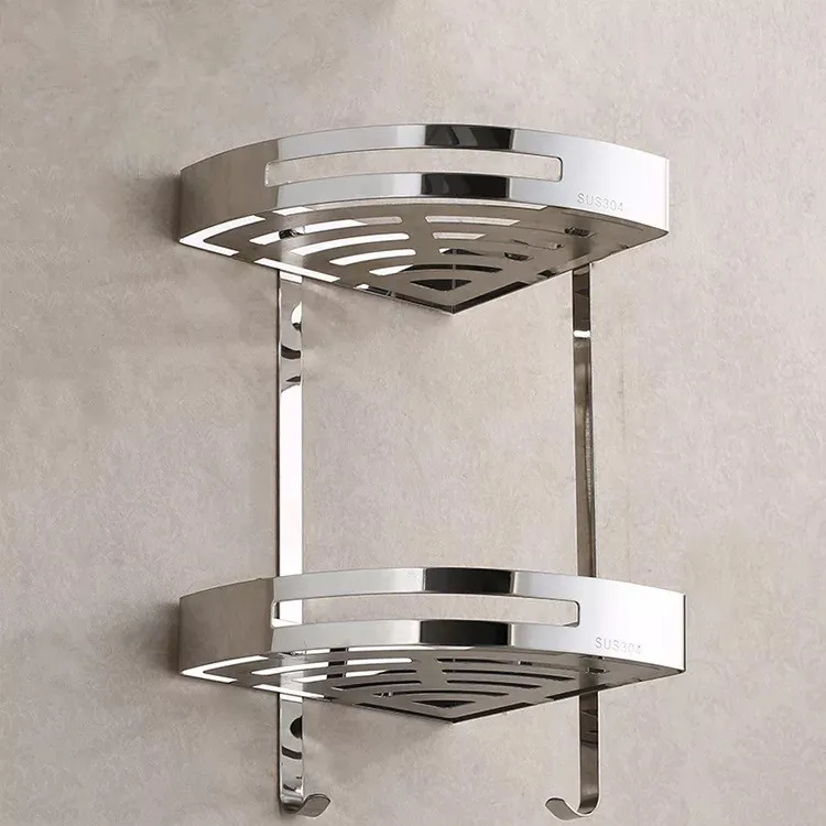 

Free shipping Biggers sanitary 304 stainless steel bathroom shelf Double layer corner shelf with hanging hook