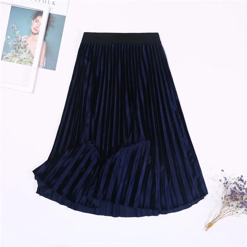Navy Blue Осенне-зимняя Длинная женская уличная юбка с высокой талией, облегающая бархатная юбка, женские плиссированные юбки, элегантная женская юбка макси - Цвет: Navy Blue