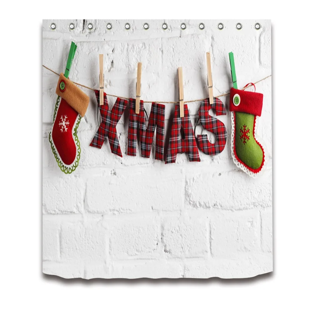 

72'' Bathroom Waterproof Fabric Shower Curtain Polyester 12 Hooks Bath Accessory Sets Hang Christmas Socks On Rope On Brick Wall