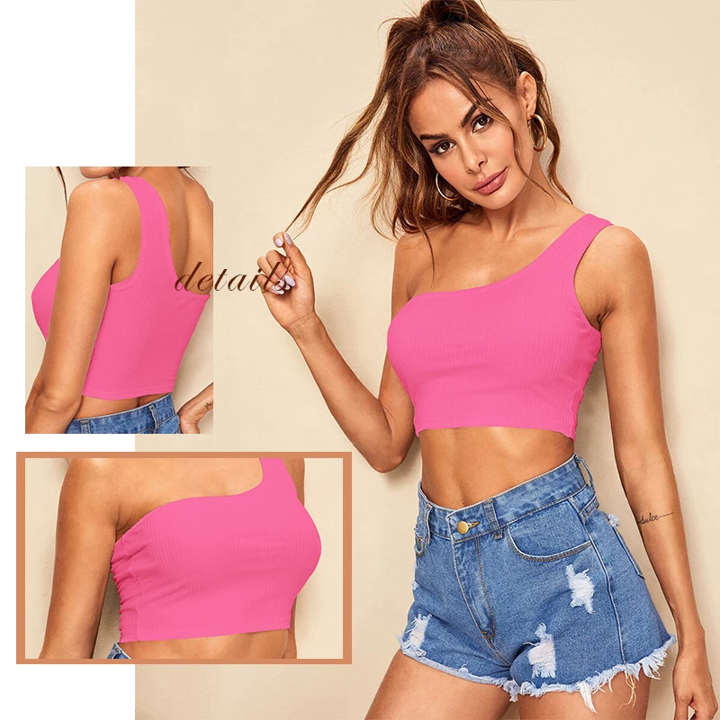 SweatyRocks, неоновый цвет, на одно плечо, ребристая вязка, короткий топ, лето, женский сексуальный жилет, летний однотонный, для отдыха, облегающий Топ