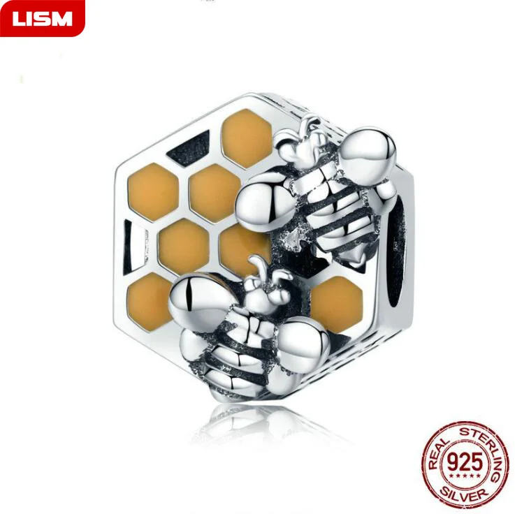 

New Collection 925 Sterling Silver Honeycomb Honey Bee Square Charm Beads fit Women Bracelet DIY Jewelry Making
