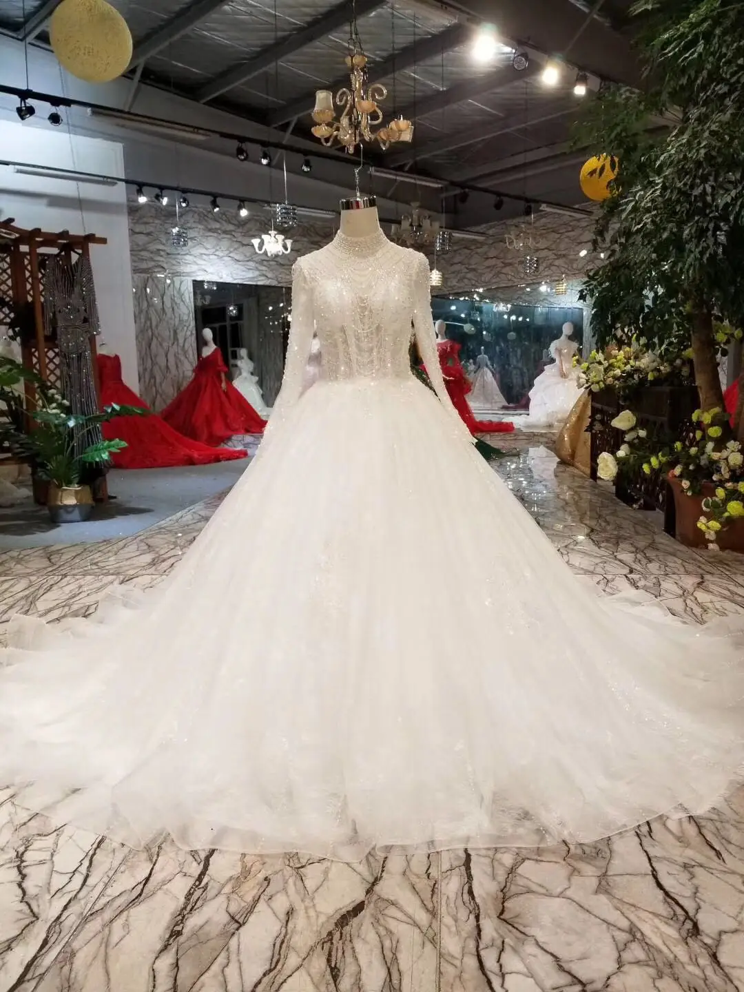 Dubai Luxury Crystal Prom Dresses With Sheer Full Sleeves 2019 Shiny Beaded Telass Grey High Neck Bridal Party Gowns | Свадьбы и