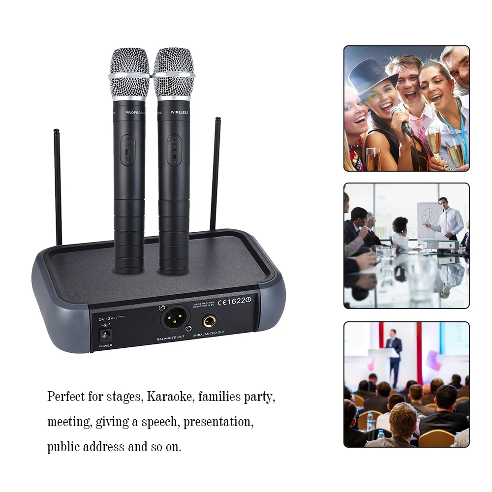 

ammoon Dual Channel VHF Wireless Handheld Microphone System Echo Function with 2 Microphones & 1 Receiver 6.35mm Audio Cable