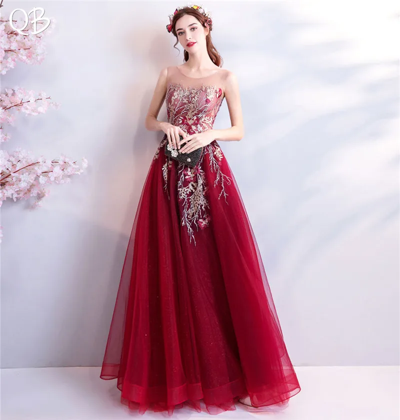 

2020 New Fashion Wine Red A-line Lace Tulle Flowers Appliques Evening Dresses Elelgant Long Formal Evening Gowns XK07