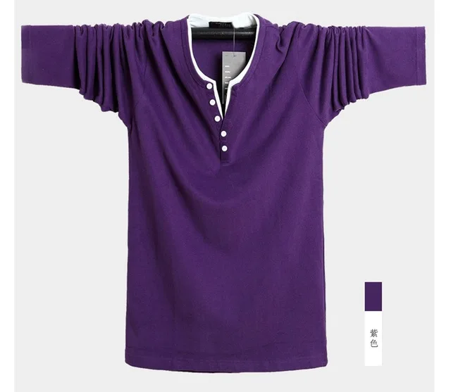 picture color Мужская футболка 8XL с длинными рукавами большого размера Осенняя Повседневная футболка с пуговицами хлопок 6XL 7XL простая темно-синяя футболка с v-образным вырезом - Цвет: picture color