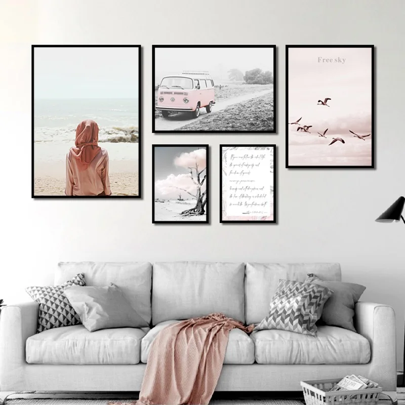 Скандинавская декорация домашнее искусство пейзаж плакаты и принты Розовый