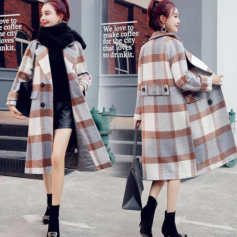 2019 Korean version Women New clothing Winter Wool coat Vintage Double Breasted Long Plaid Woolen Female Warm Overcoat cc43 | Женская