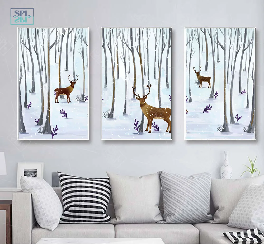 SPLSPL акварель олень Лес Снег пейзаж картина для украшения дома животные стены