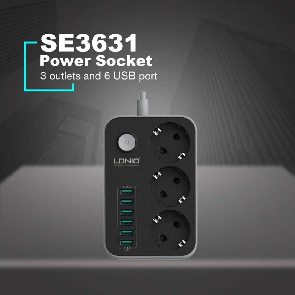 3 розетки 6 Порты USB быстрая Зарядное устройство Мощность розеток электрическая