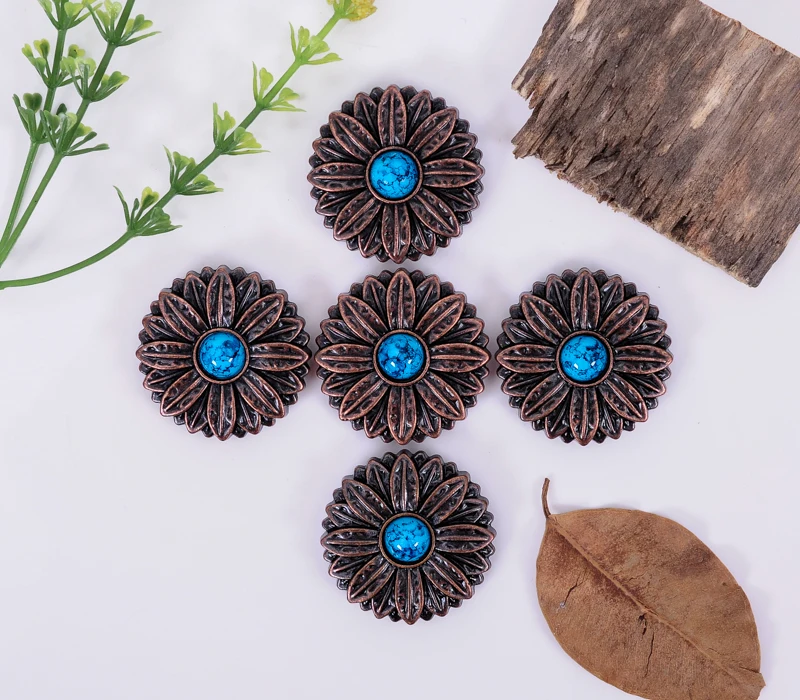 10X Blue Turquoise Antique Copper Rose Flower LeatherCraft Conchos Screw Back | Украшения и аксессуары