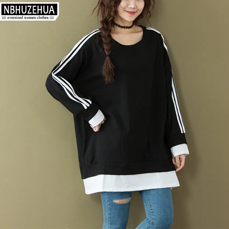 women tops tees NBHUZEHUA 7G578 4XL 5XL 6XL женская футболка с длинным рукавом с боковыми полосками Лоскутная футболка размера плюс женские Топы s - Цвет: women tops tees