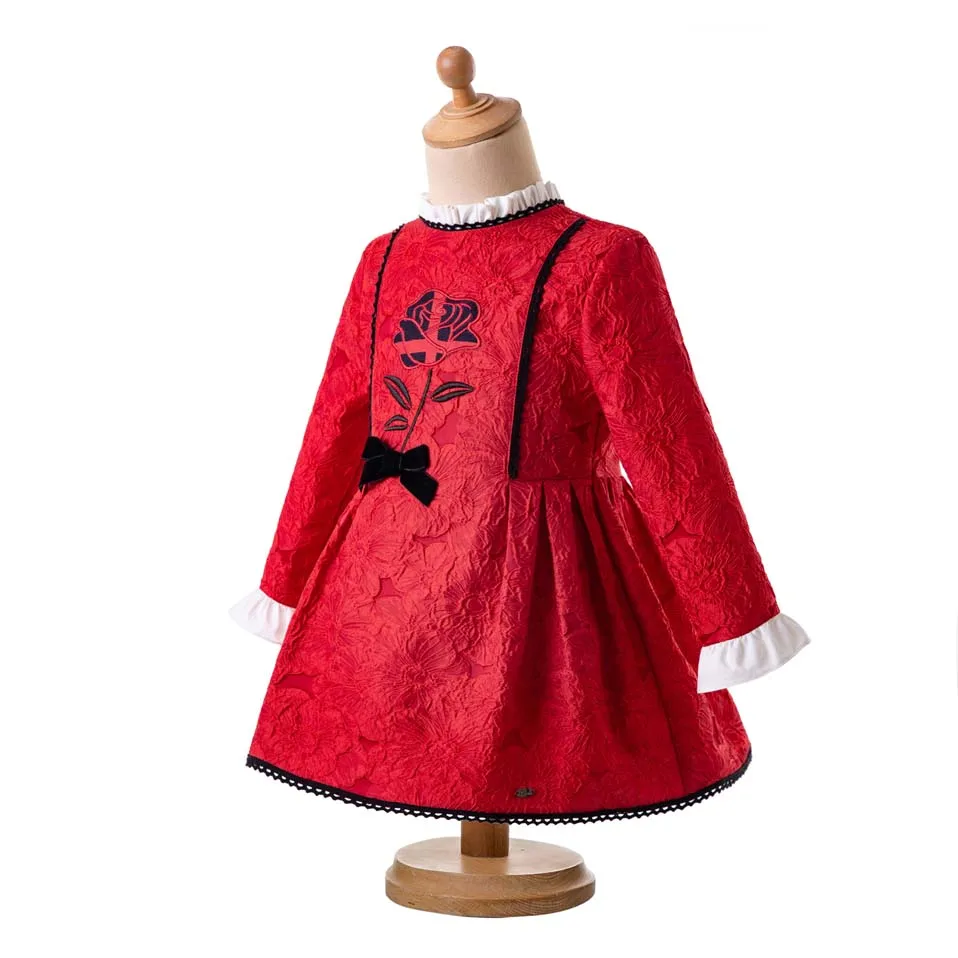 Pettigirl 2019 Retro Style Red Girl Floral Long Sleeve Pleated Collar Exquisite Rose Printed With Headband G-DMGD107-B389 | Детская