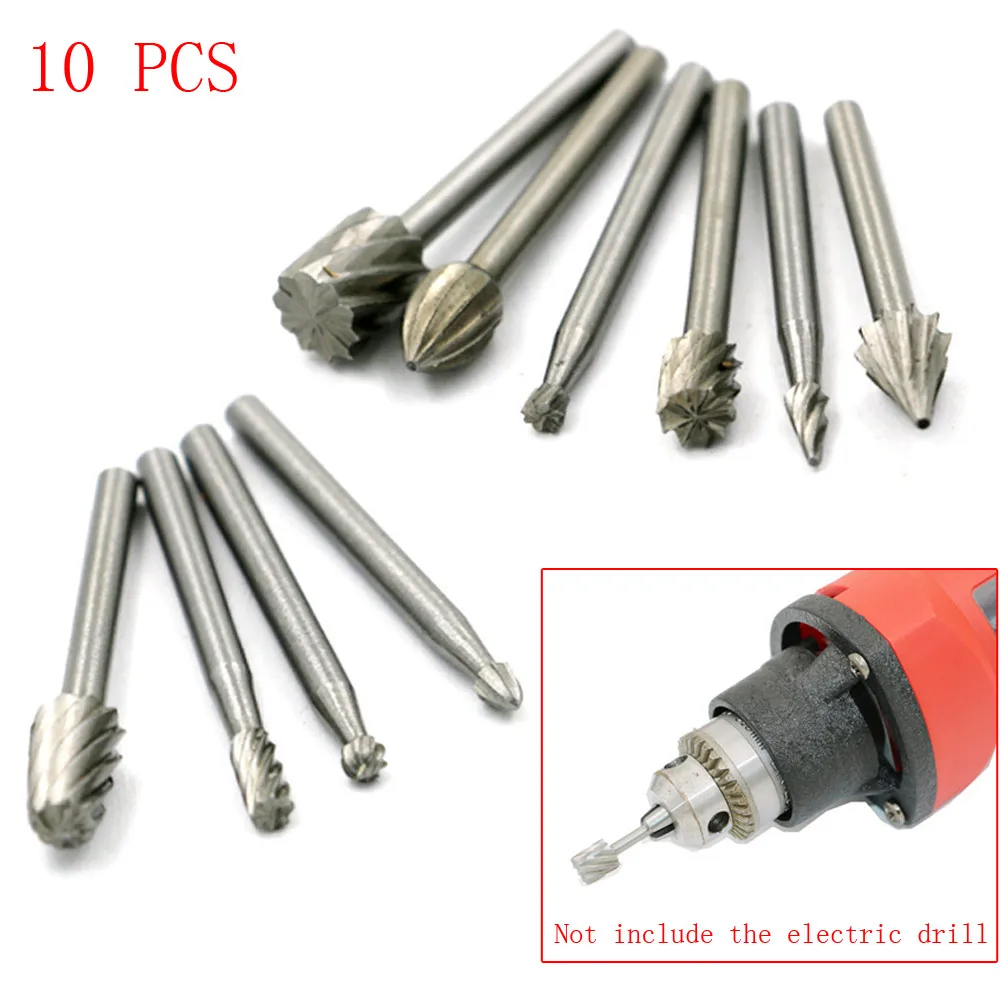 

10PCS HSS Mini Routing Router Burr Drill Bits Set Dremel Carbide Rotary Burrs Tools Wood Stone Metal Root Carving Milling Cutter
