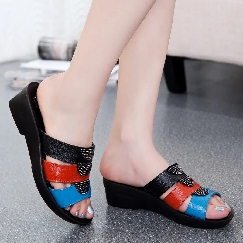 CEYANEAOFashion/сандалии для мамы; Летняя обувь; новые удобные кожаные шлепанцы на танкетке; тапочки для пожилых женщин; большие размеры; 35-41E1666
