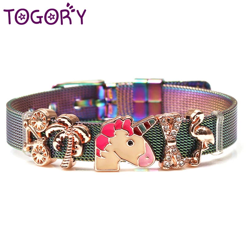 TOGORY 2021 New Fashion Jewelry Stainless Steel Mesh Bracelets Bangles with Unicorn Charms Fine For Women Kids Gift | Украшения и
