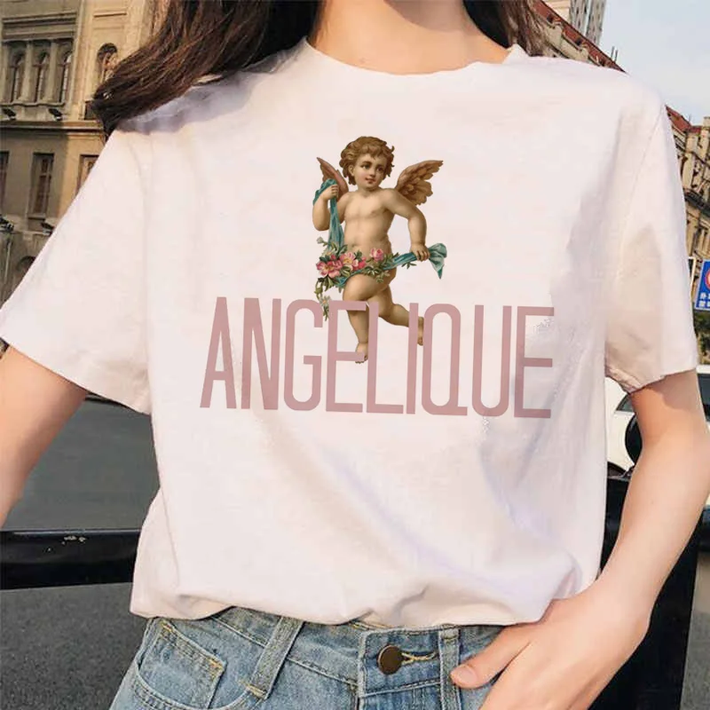 Angel Fashion Tees футболка Ullzang женская футболка с принтом Harajuku 90s Kawaii Одежда Футболка Топ летний Vogue grunge women ulzzang