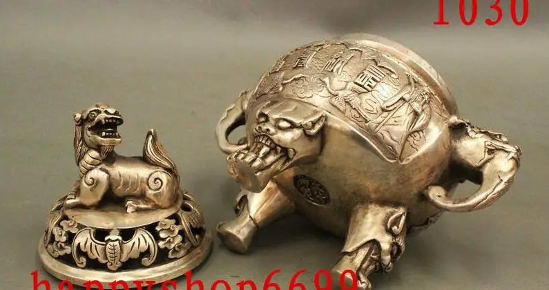 Chinese Silver Bat Beast Lion Head Longevity God Statue Incense Burner Censer | Дом и сад