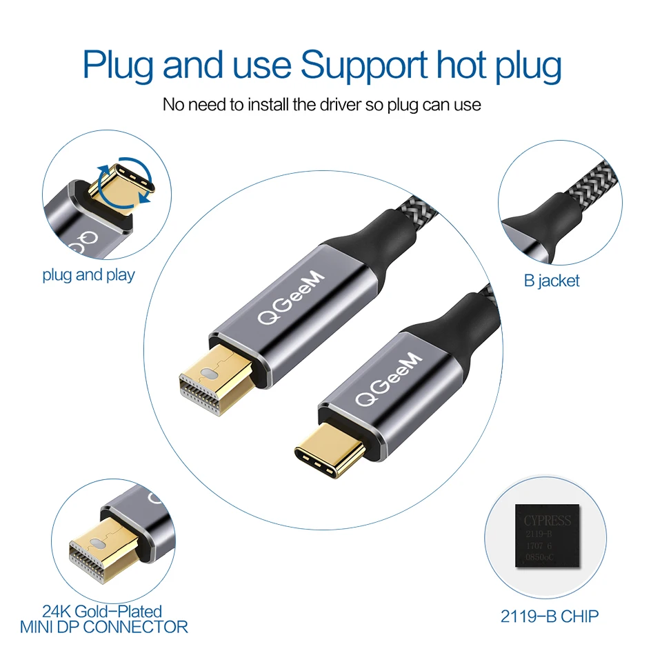 Кабель QGeeM USB Type C 3 1 Для Mini DisplayPort DP 4K 60HZ HDTV конвертер адаптер для Macbook HuaWei Mate 10 Samsung S8