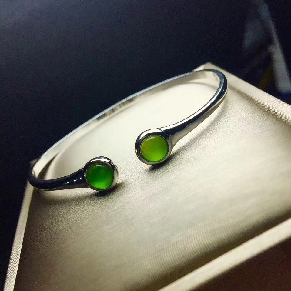 Natural green jasper gem bangle S925 silver natural gemstone Fashion simple Opening round Flower woman party gift jewelry | Украшения и