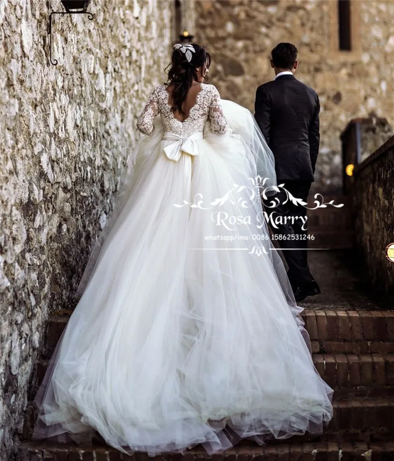 

Женское свадебное платье с длинным рукавом, ТРАПЕЦИЕВИДНОЕ винтажное кружевное платье с бантом и длинным рукавом, свадебное платье в стиле ...